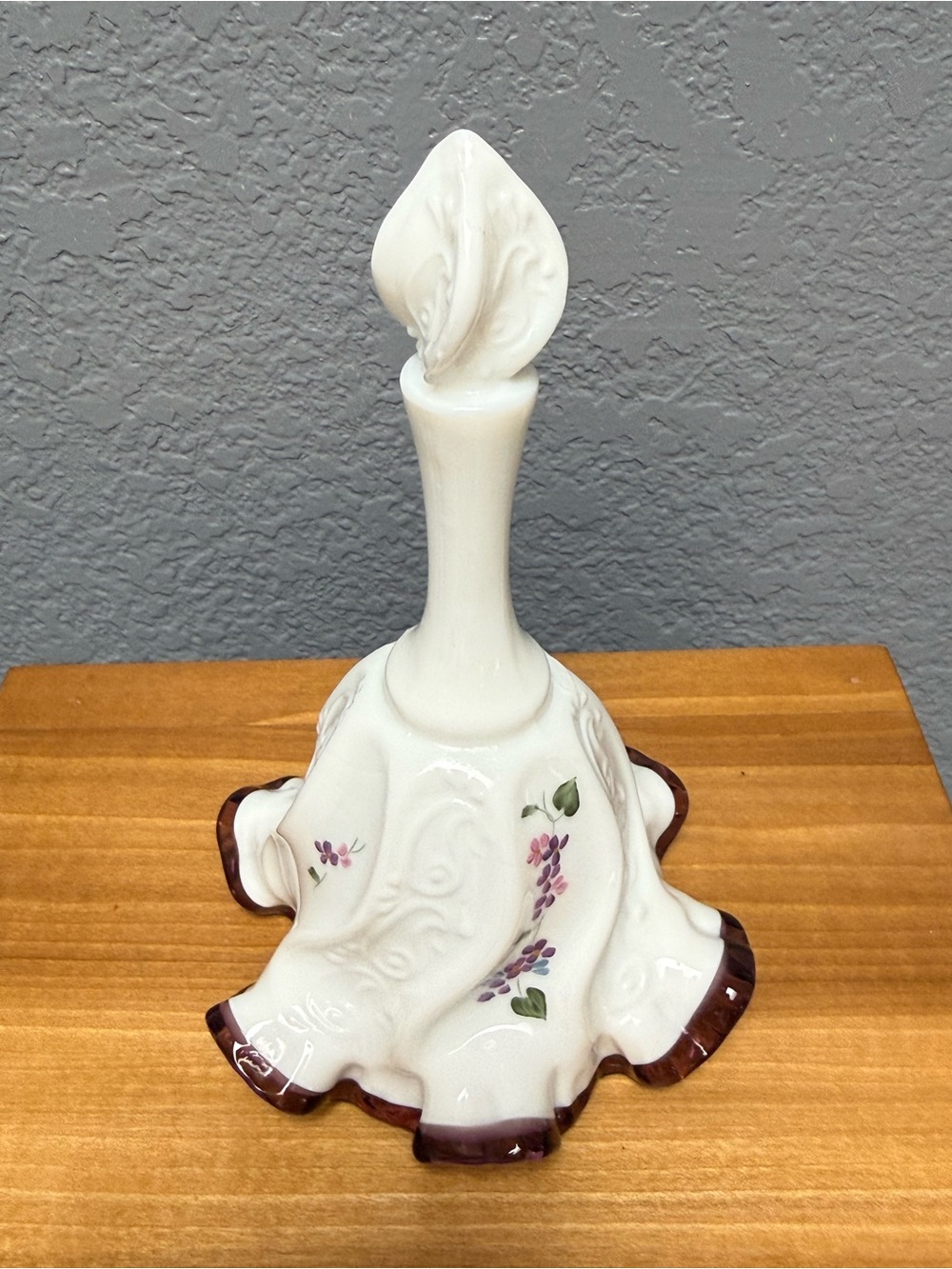 Fenton White Milk Glass Bell Purple-Trim Floral Accents - Picture 6 of 9